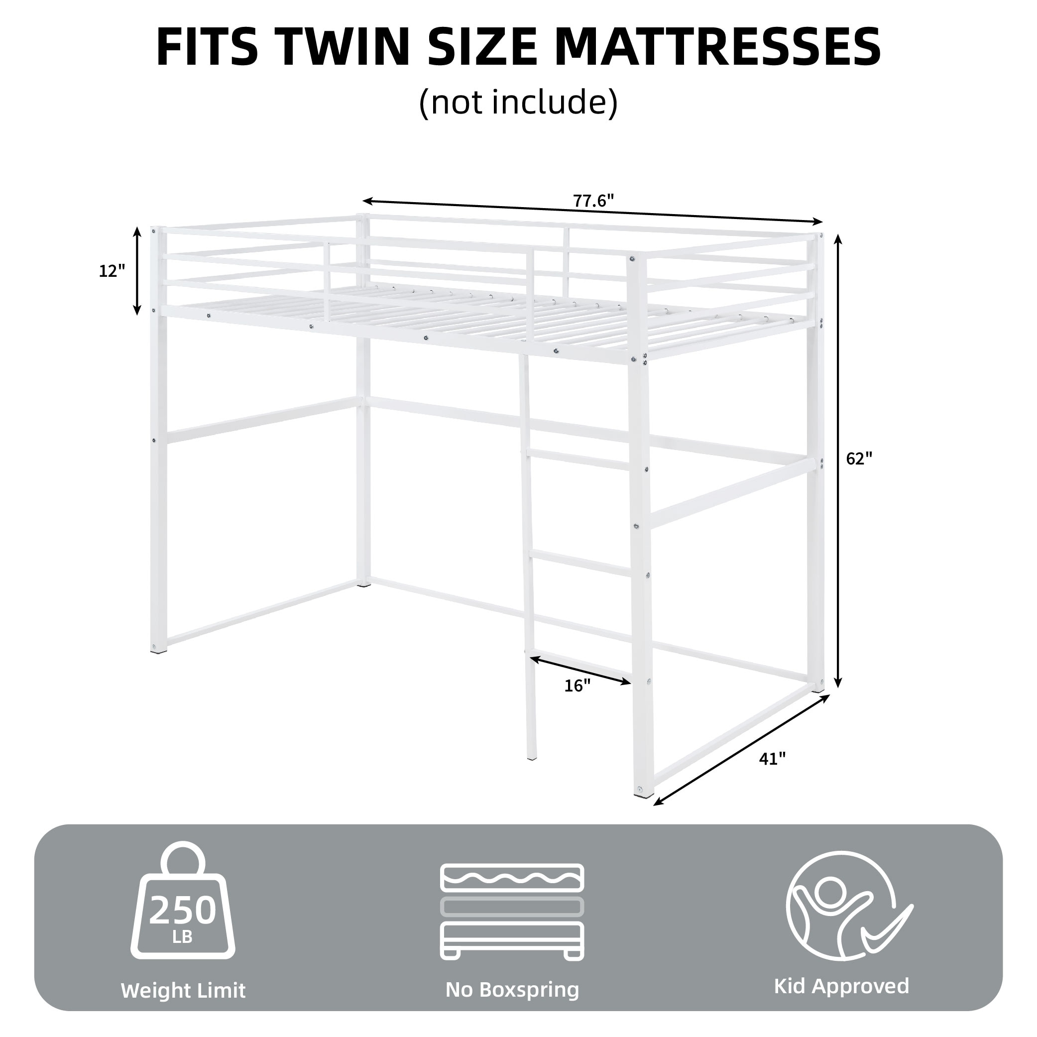 Metal Loft Bed Twin Size, Loft Bed Frame with Safety Guard Rails & Flat Ladder, Twin Loft Bed for Kids Teens Adults, White Metal Loft Bed Twin Size, Loft Bed Frame with Safety Guard Rails & Flat Ladder, Twin Loft Bed for Kids Teens Adults, White